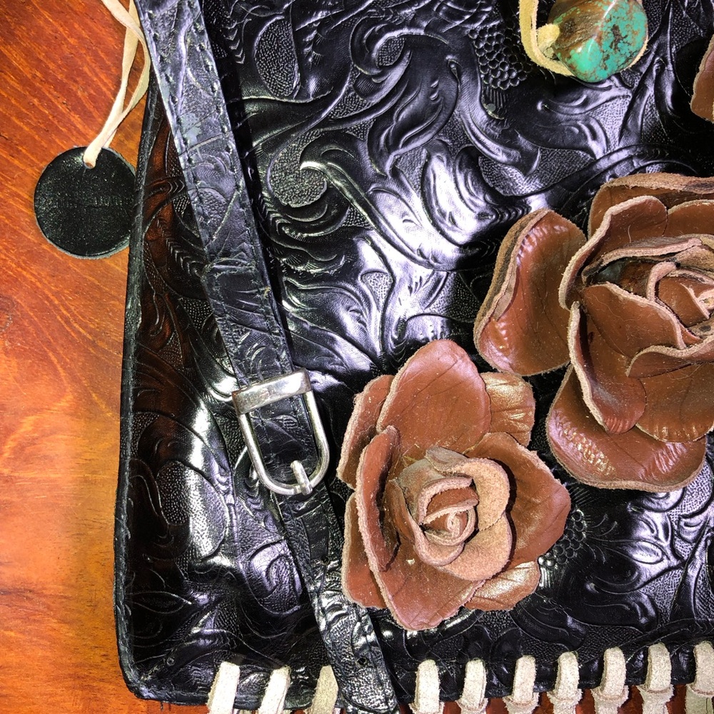 Black Floral Embossed Fringe Crossbody Bag with Brown Rose Appliqués - Picture 4 of 7